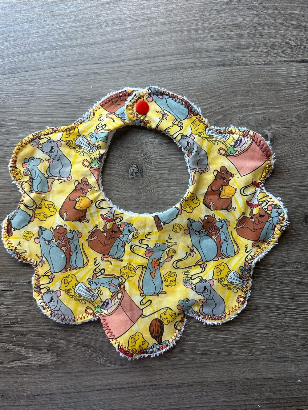 Yellow Floral-Edge Baby Bib with Cartoon Mice